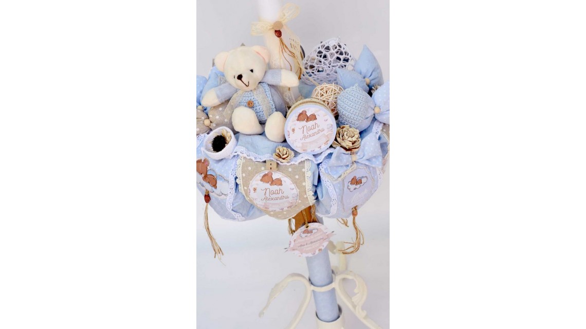 Lumanare de botez cu ursulet de plus,baloane de aer cald si norisori Air Blue Balloon Teddy Bear 1